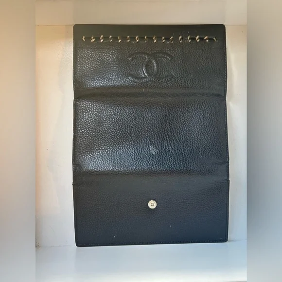 Vintage Chanel CC Logo Black Caviar Leather Wallet Designer Authentic Trifold - Picture 4 of 14